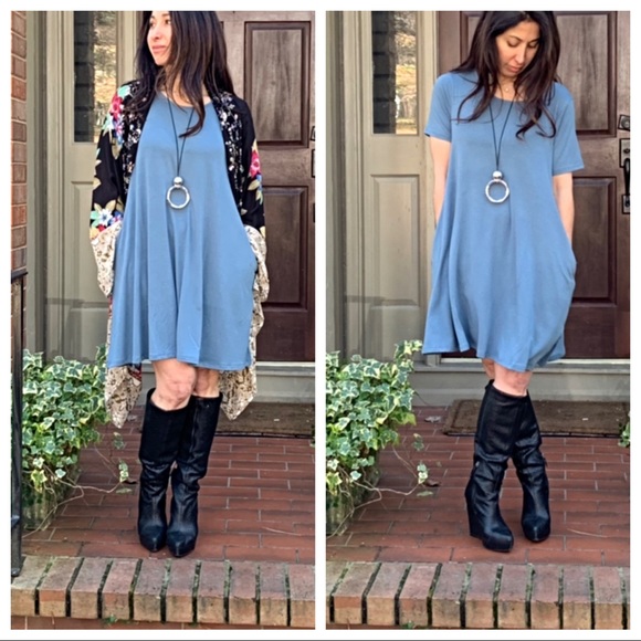 ✨LAST ONE✨Ash blue side pocket swing dress - Picture 2 of 7